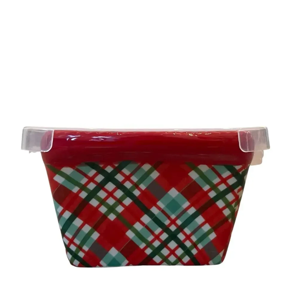 Temptations by Tara Mini Ceramic Loaf Pan w/ Lid 12oz Holiday Plaid Red Green